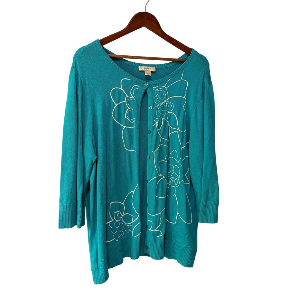 CJ Banks Womens 1X Turquoise Teal Floral Embroidered Cotton Cardigan Sweater